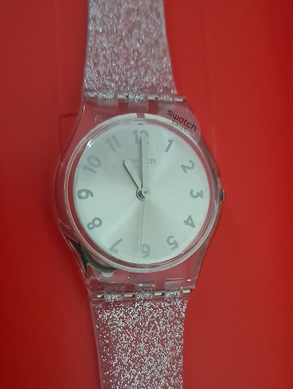Swatch Quartz Women's Watch NWT Silver Sparkle Clear Polymer Strap Silver Face